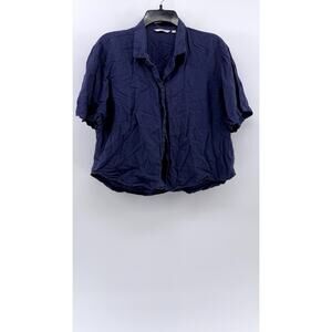 UNIQLO Women's Navy Linen-Blend Button-Up Short Sleeve Open Collar Top SZ S